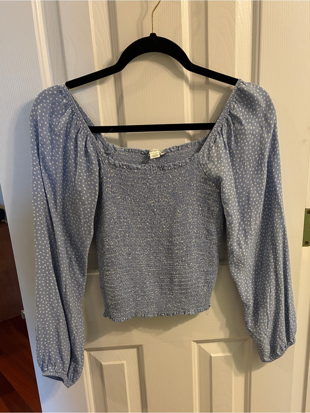 American Eagle Smocked Cornflower Blue Polka Dot Long-Sleeve Top